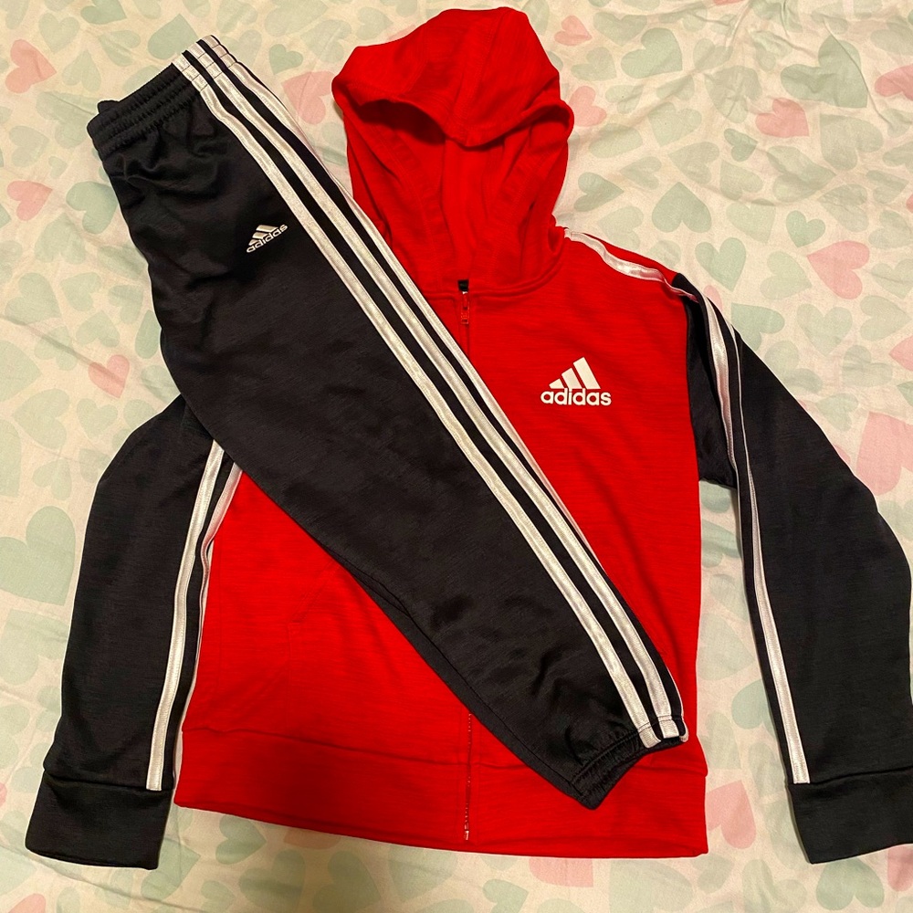 adidas Kids Red and Black Hoodie Track Set